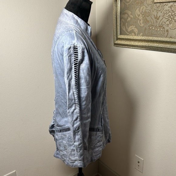 Mind Set by XCVI 100% linen zip blue top light jacket blouse Sz M - Picture 7 of 12